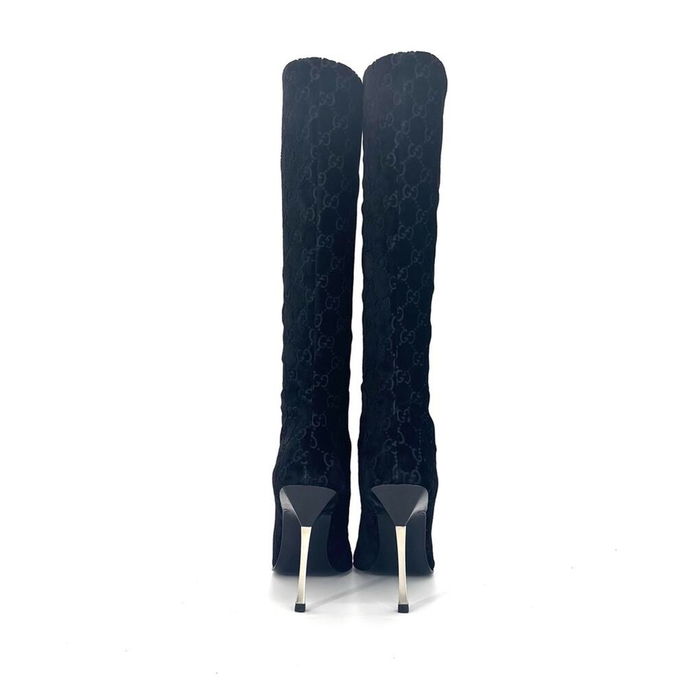 Gucci Tom Ford GG Monogram Velvet Black Knee High Pointed Toe Heeled Boots 6 - Picture 7 of 12